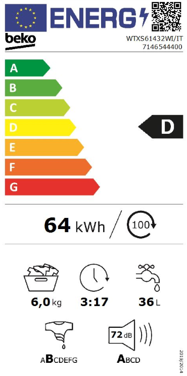 Beko WTXS61432WI/IT - Lavatrice a Carica Frontale, 6 Kg, 1400 Giri, Classe D