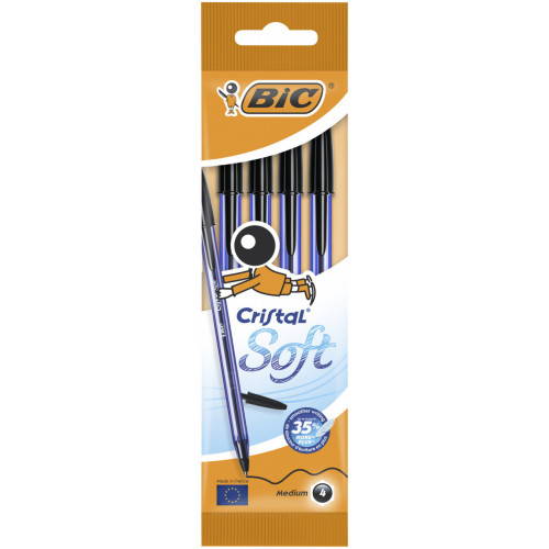 BIC Penne Nere a Sfera, Cristal Soft, Punta Media (1.2 mm), Confezione da 4  Penne, Fornitura per Cancelleria Scuola